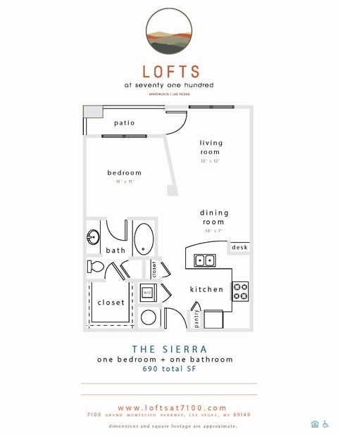 Floor plan for 1 bed, 1 bath, 690 sqft